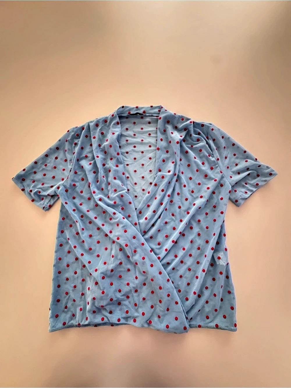 Zara Trafaluc Polka Dot Short Sleeve Blouse in Blue & Red Size Small